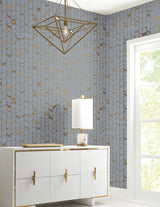 Perfect Petals Blue & Gold Wallpaper with Metallic Organic Stem Motif - York OS4202