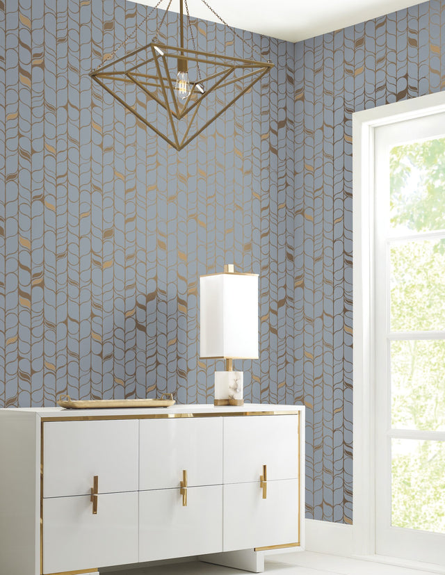Perfect Petals Blue & Gold Wallpaper with Metallic Organic Stem Motif - York OS4202