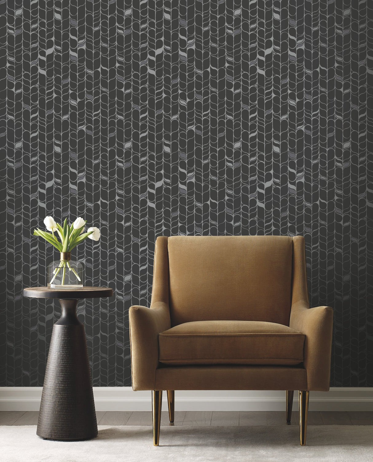 Perfect Petals Black & Silver Wallpaper with Modern Geometric Organic Stems - York OS4205
