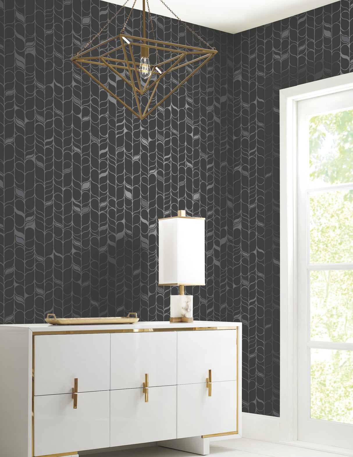 Perfect Petals Black & Silver Wallpaper with Modern Geometric Organic Stems - York OS4205