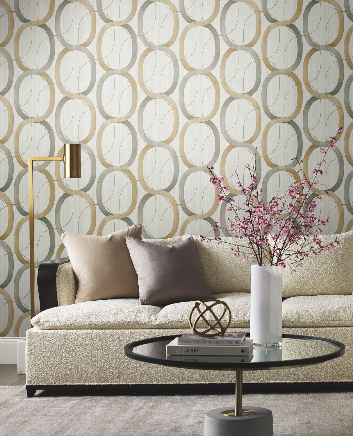 Interlock Dark Taupe Geometric Wallpaper with Metallic Oval Lattice - York OS4212