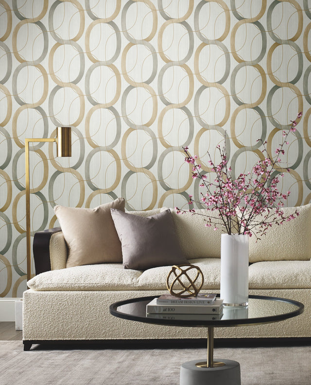 Interlock Dark Taupe Geometric Wallpaper with Metallic Oval Lattice - York OS4212