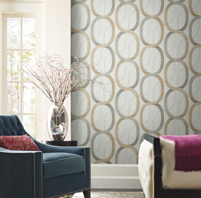 Interlock Dark Taupe Geometric Wallpaper with Metallic Oval Lattice - York OS4212