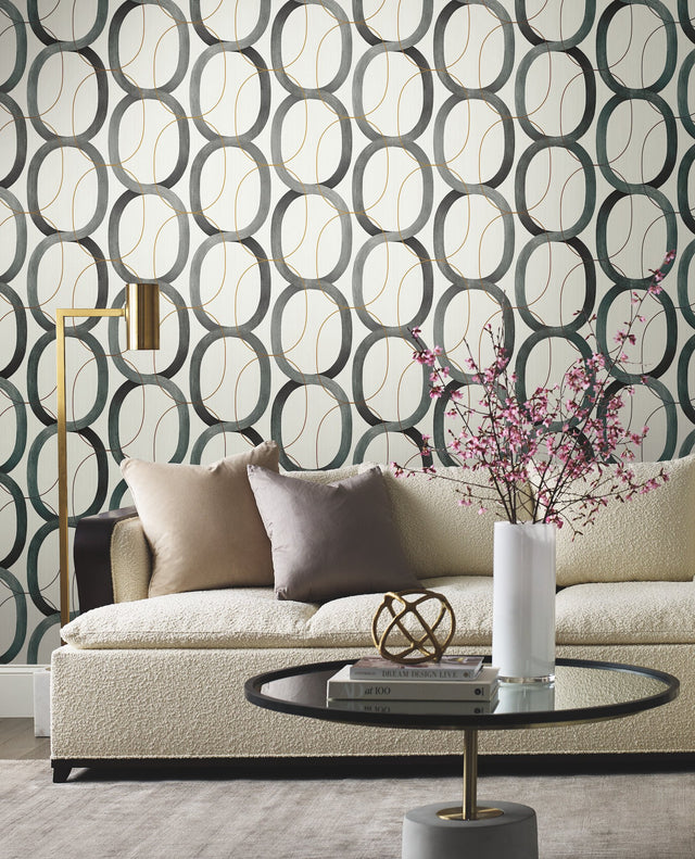 Interlock Black & Gold Geometric Wallpaper with Metallic Oval Lattice - York OS4213
