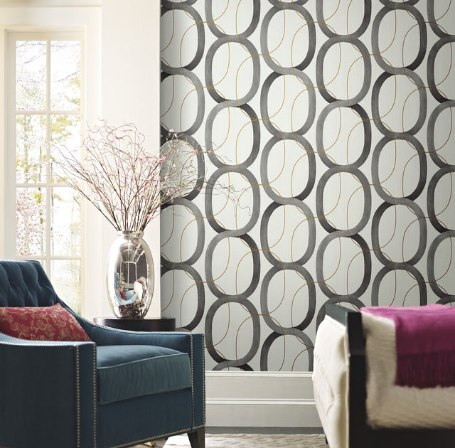 Interlock Black & Gold Geometric Wallpaper with Metallic Oval Lattice - York OS4213