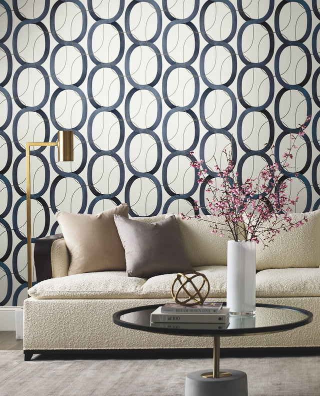 Interlock Navy Geometric Wallpaper with Metallic Oval Lattice - York OS4215