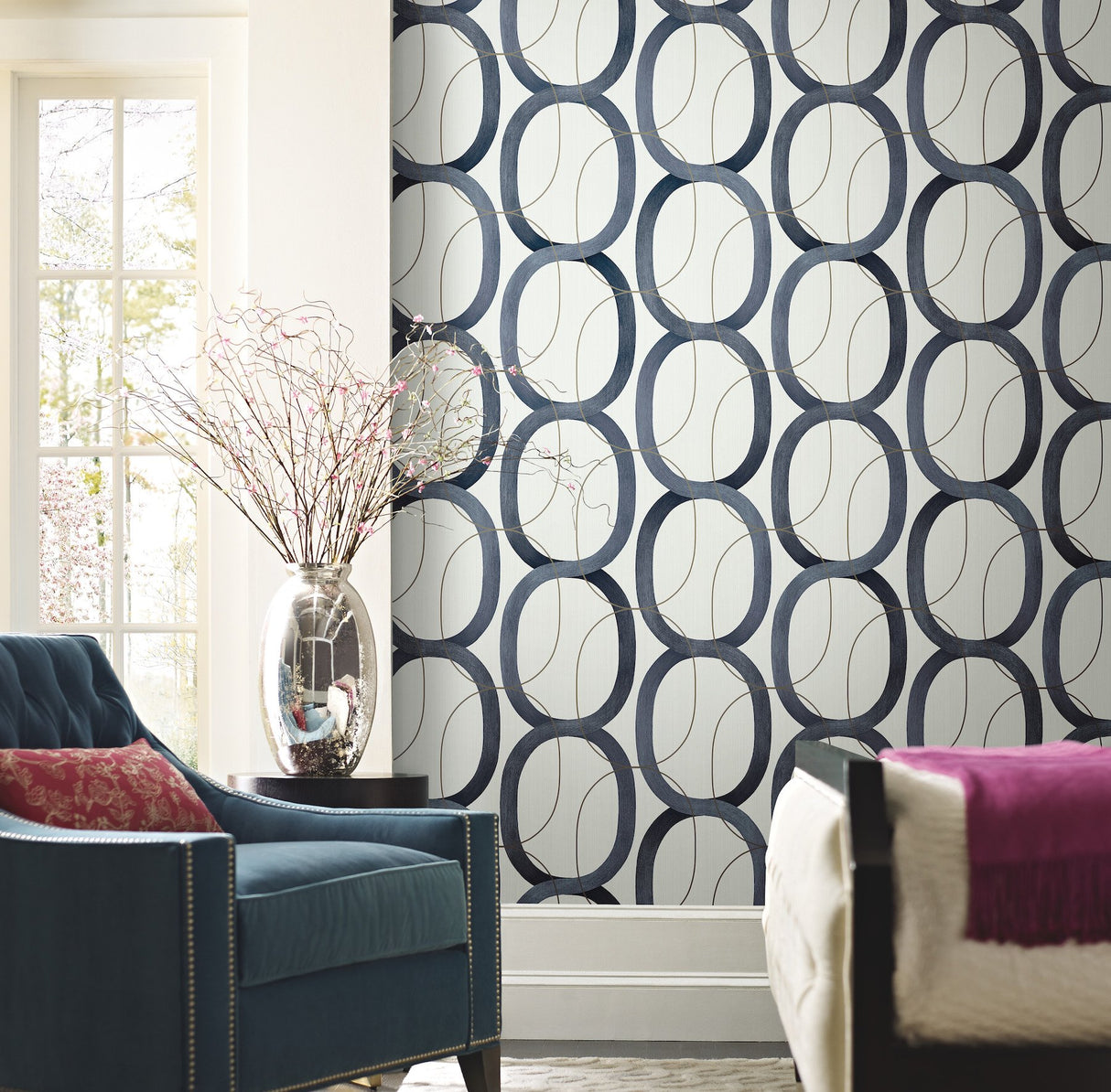 Interlock Navy Geometric Wallpaper with Metallic Oval Lattice - York OS4215