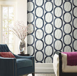 Interlock Navy Geometric Wallpaper with Metallic Oval Lattice - York OS4215