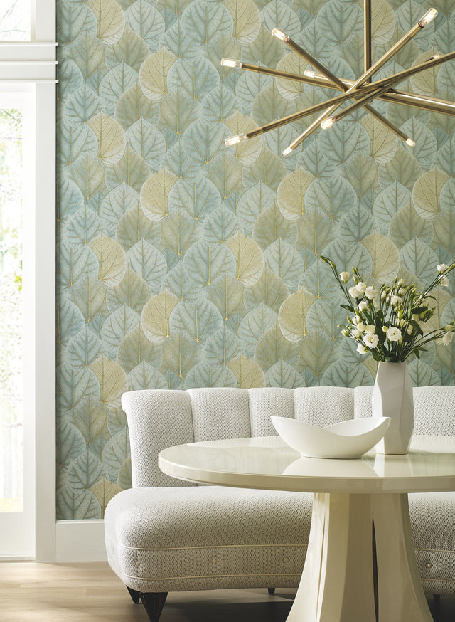Leaf Concerto Turquoise Wallpaper with Metallic Leaf Motif - York OS4241