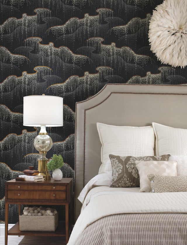 Moonlight Pearls Black Wallpaper with Metallic Geometric Dot Waterfall - York OS4261