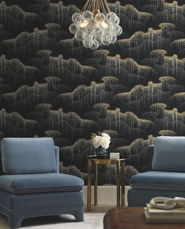 Moonlight Pearls Black Wallpaper with Metallic Geometric Dot Waterfall - York OS4261