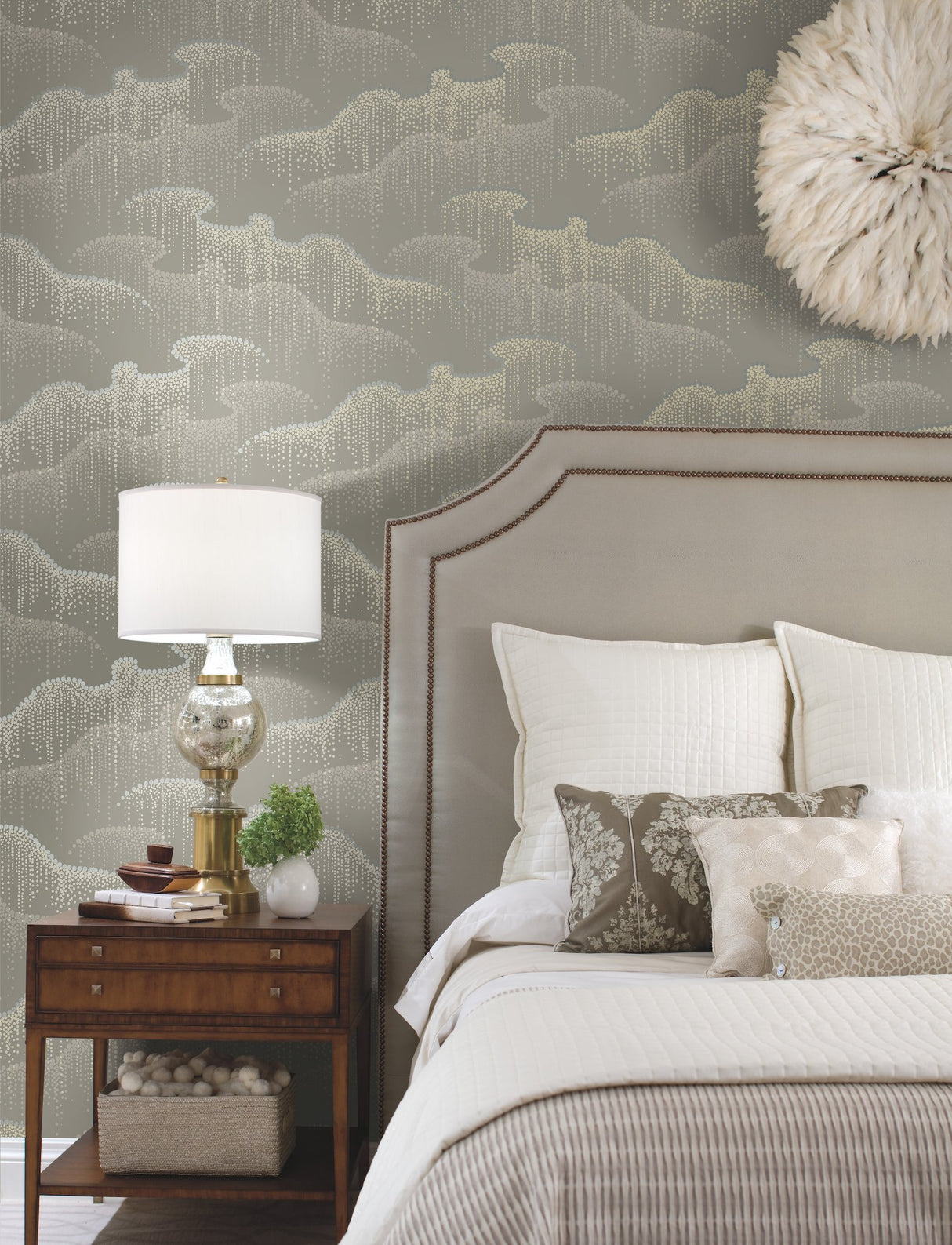 Moonlight Pearls Taupe Wallpaper with Metallic Dot Waterfall Motif - York OS4262