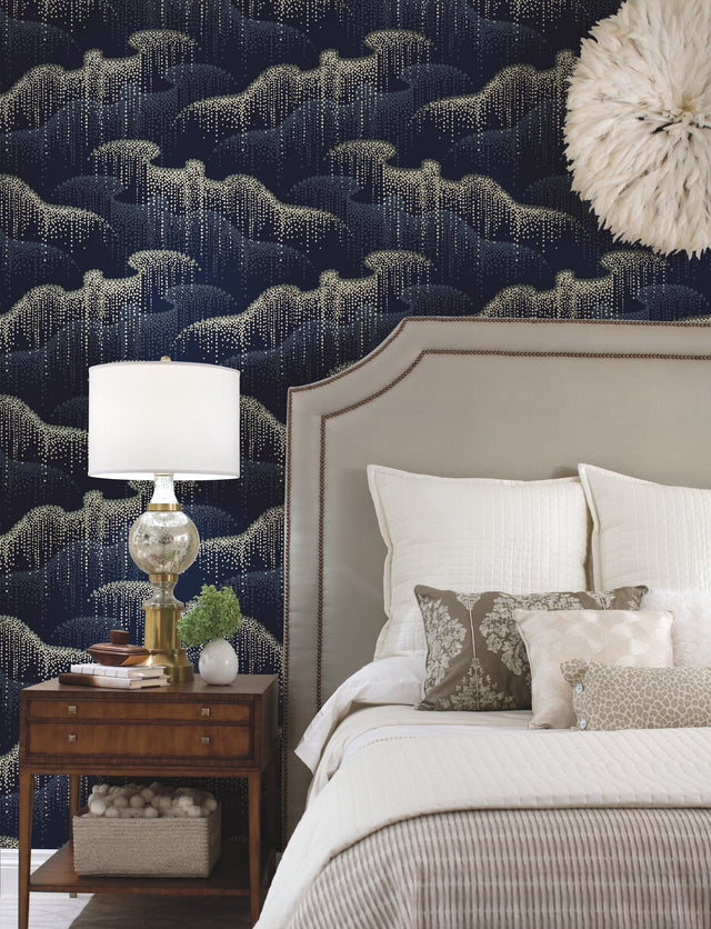 Moonlight Pearls Navy Wallpaper with Metallic Dot Waterfall - York OS4264