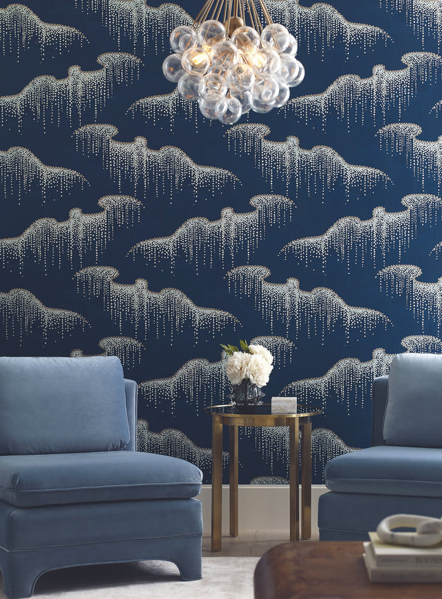 Moonlight Pearls Navy Wallpaper with Metallic Dot Waterfall - York OS4264