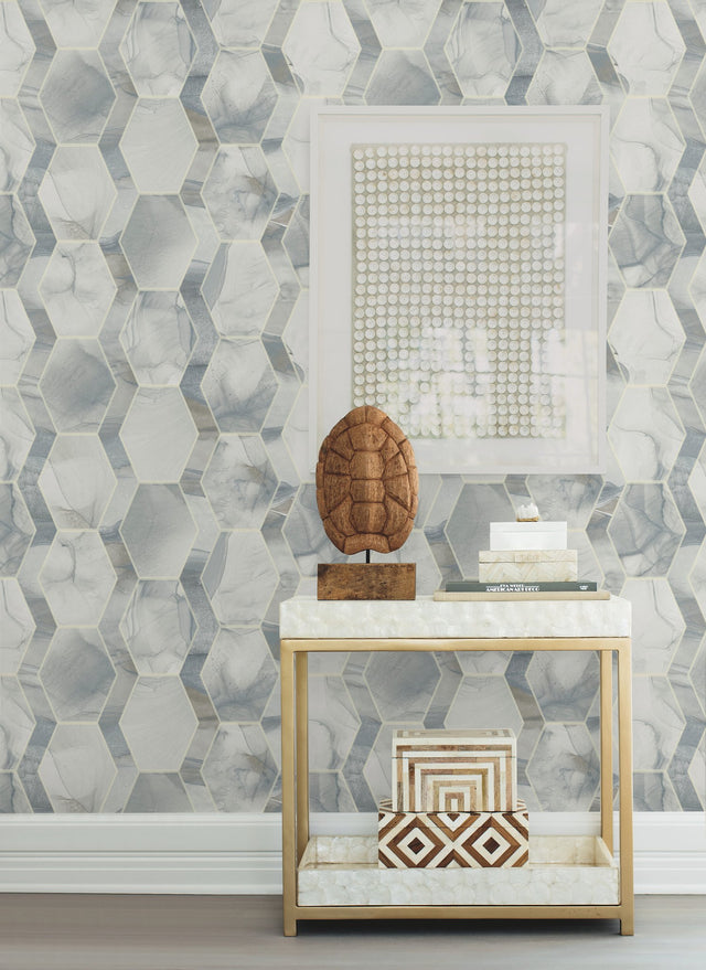 Earthbound Blue & Grey Geometric Marble Hexagon Wallpaper - York OS4281