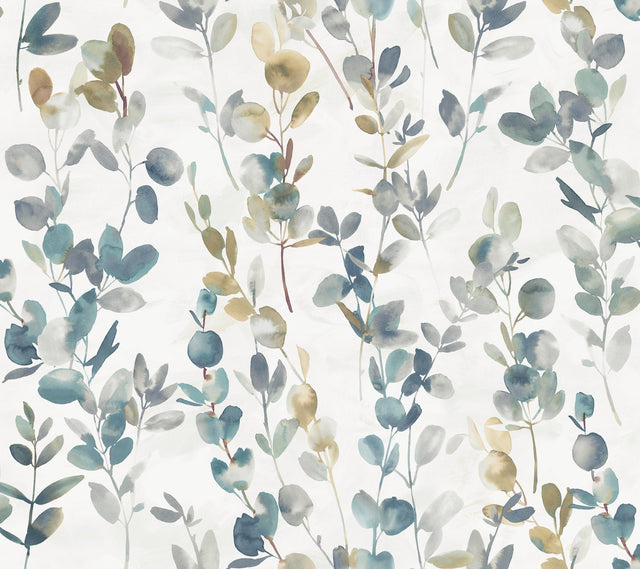 Joyful Eucalyptus Turquoise Wallpaper with Botanical Watercolor Leaf Pattern - York OS4313