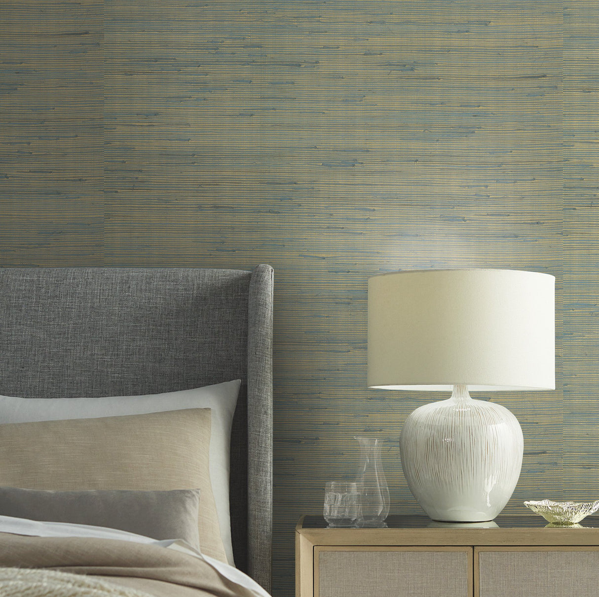 Jute Gold & Blue Metallic Grasscloth Wallpaper with Metallic Jute Pattern - York OS4326