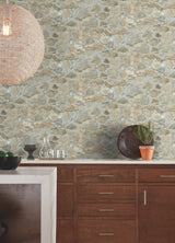 Field Stone Grasscloth Tan & Grey Wallpaper with Faux Stone Texture - York PA130904LW