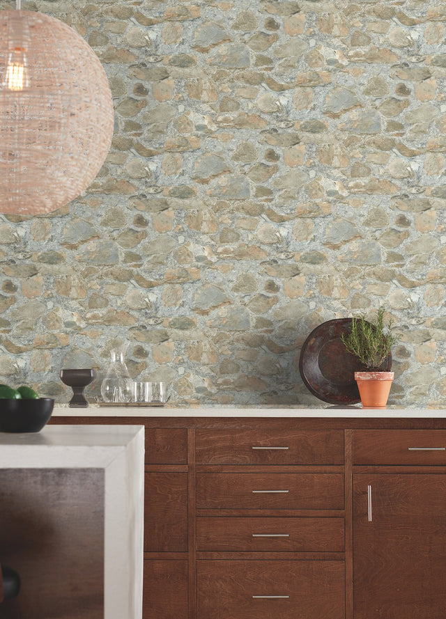 Field Stone Grasscloth Tan & Grey Wallpaper with Faux Stone Texture - York PA130904LW