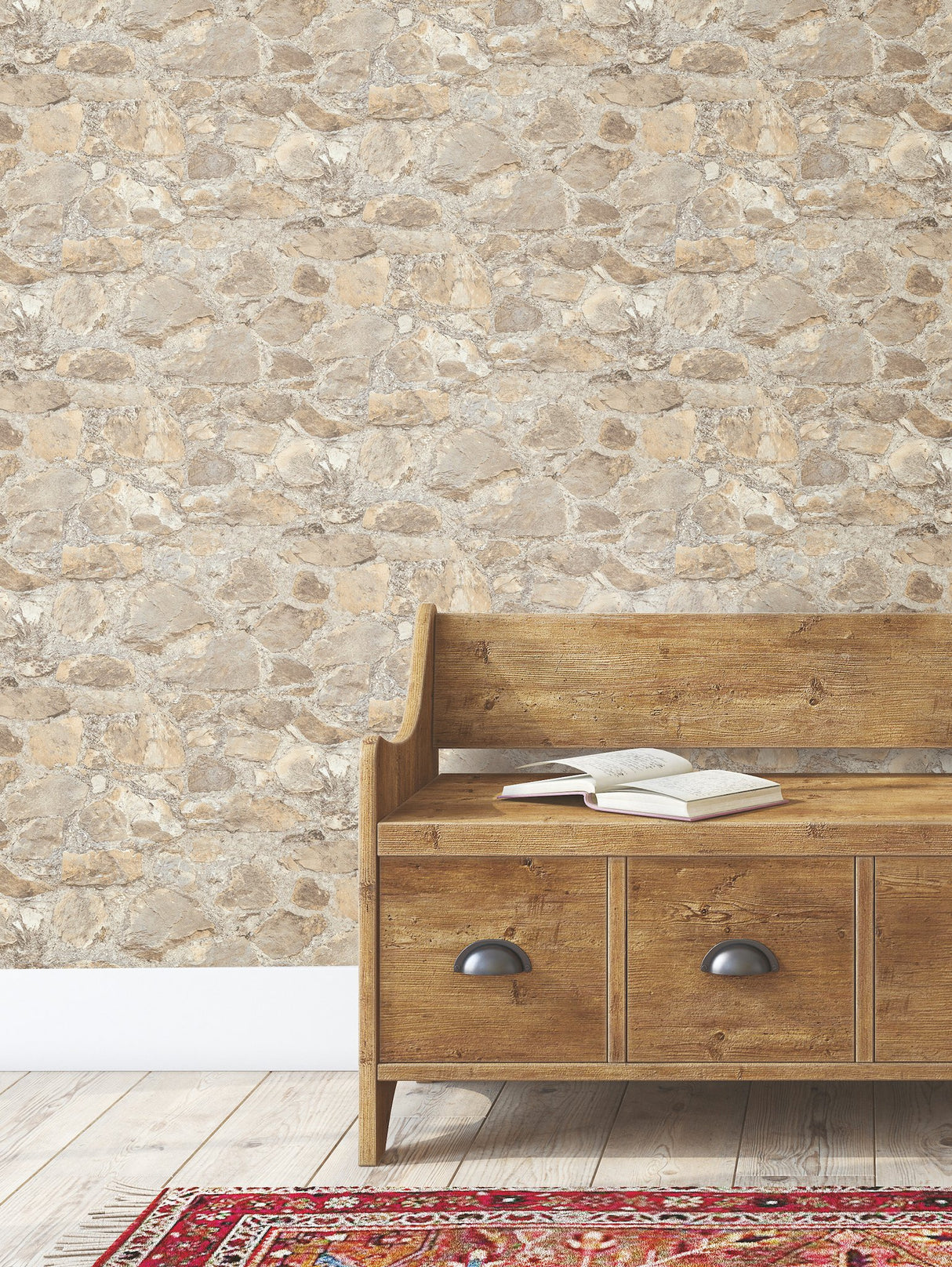 Field Stone Grasscloth Tan & Grey Wallpaper with Faux Stone Texture - York PA130904LW