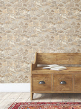 Field Stone Grasscloth Tan & Grey Wallpaper with Faux Stone Texture - York PA130904LW