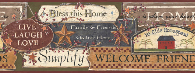 Country Sign Green & Burgundy Prepasted Wallpaper Border with Rustic Folk Art Signs - York PC3976BD
