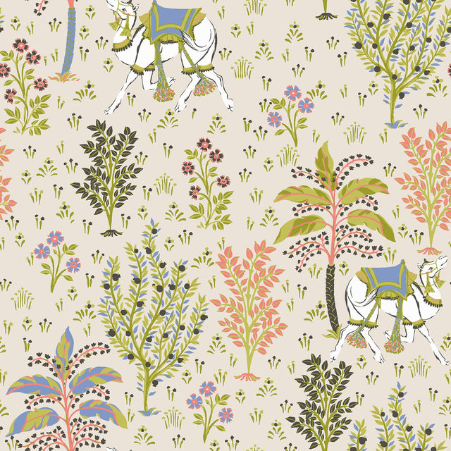 Camel's Courtyard Linen Peel & Stick Wallpaper with Whimsical Botanical Toile - NuWallpaper PFS4807