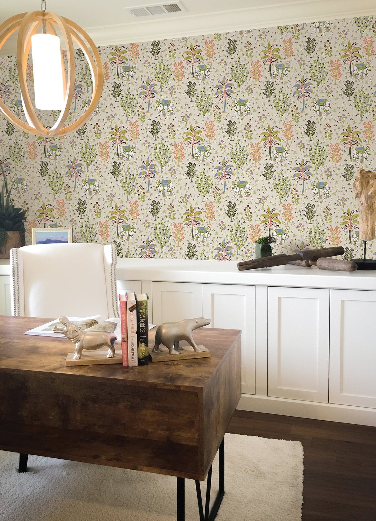 Camel's Courtyard Linen Peel & Stick Wallpaper with Whimsical Botanical Toile - NuWallpaper PFS4807
