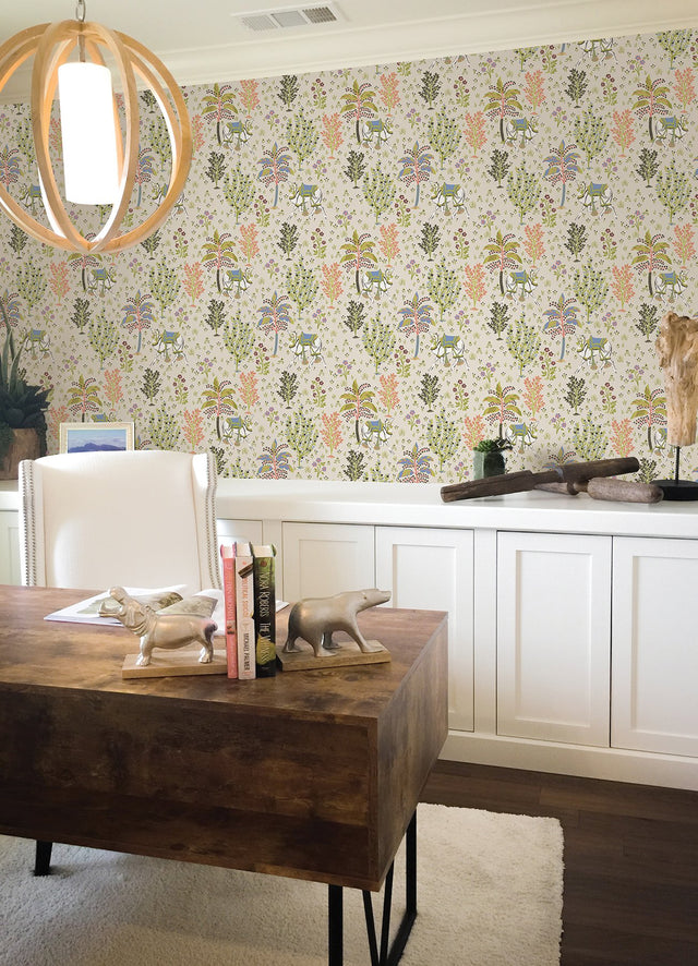 Camel's Courtyard Linen Peel & Stick Wallpaper with Whimsical Botanical Toile - NuWallpaper PFS4807