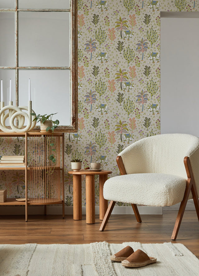 Camel's Courtyard Linen Peel & Stick Wallpaper with Whimsical Botanical Toile - NuWallpaper PFS4807