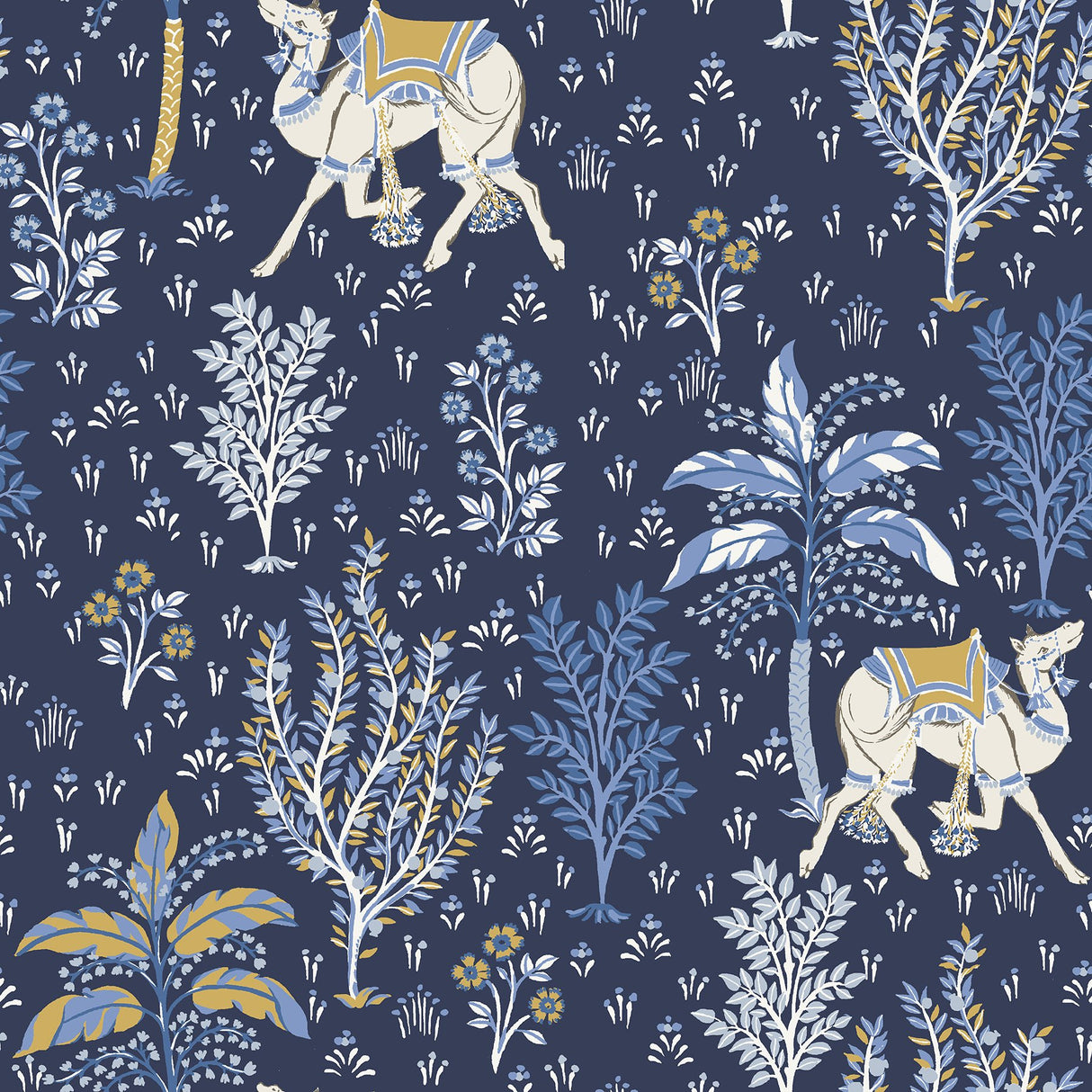 Camel's Courtyard Navy Peel & Stick Wallpaper with Whimsical Toile Desert Oasis Pattern - PFS4808