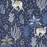 Camel's Courtyard Navy Peel & Stick Wallpaper with Whimsical Toile Desert Oasis Pattern - PFS4808