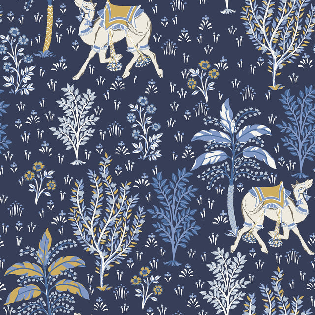 Camel's Courtyard Navy Peel & Stick Wallpaper with Whimsical Toile Desert Oasis Pattern - PFS4808