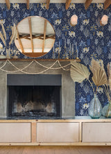 Camel's Courtyard Navy Peel & Stick Wallpaper with Whimsical Toile Desert Oasis Pattern - PFS4808