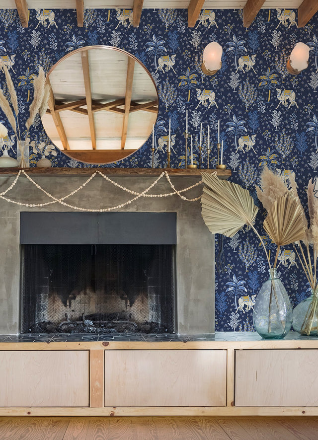 Camel's Courtyard Navy Peel & Stick Wallpaper with Whimsical Toile Desert Oasis Pattern - PFS4808