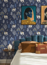 Camel's Courtyard Navy Peel & Stick Wallpaper with Whimsical Toile Desert Oasis Pattern - PFS4808
