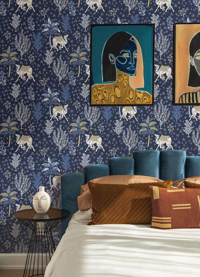 Camel's Courtyard Navy Peel & Stick Wallpaper with Whimsical Toile Desert Oasis Pattern - PFS4808