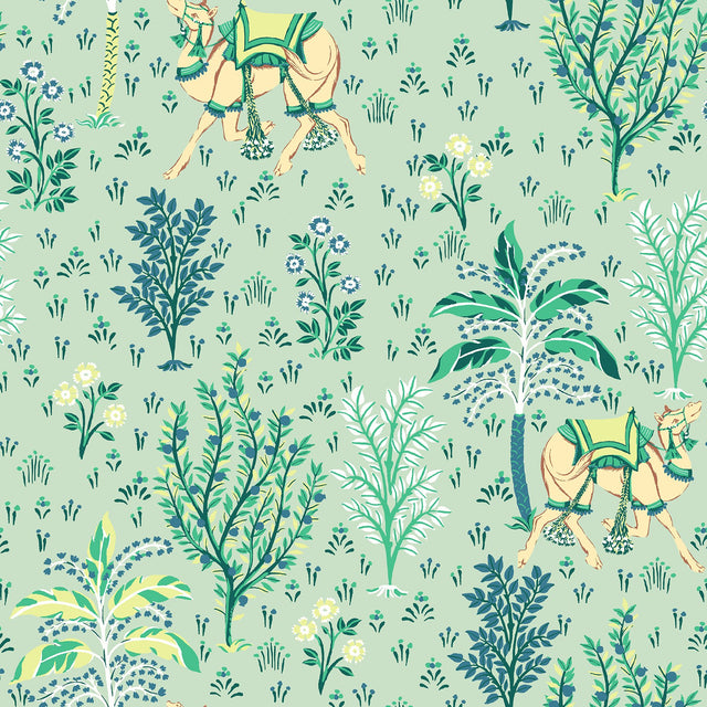 Camel's Courtyard Avocado Peel & Stick Wallpaper with Whimsical Toile Botanical Pattern - Brewster PFS4809