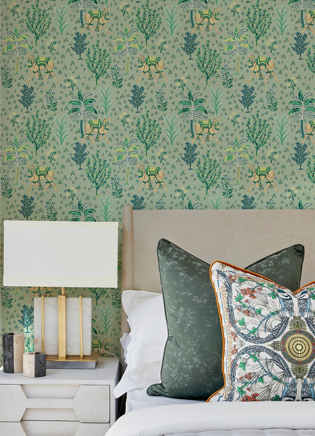 Camel's Courtyard Avocado Peel & Stick Wallpaper with Whimsical Toile Botanical Pattern - Brewster PFS4809