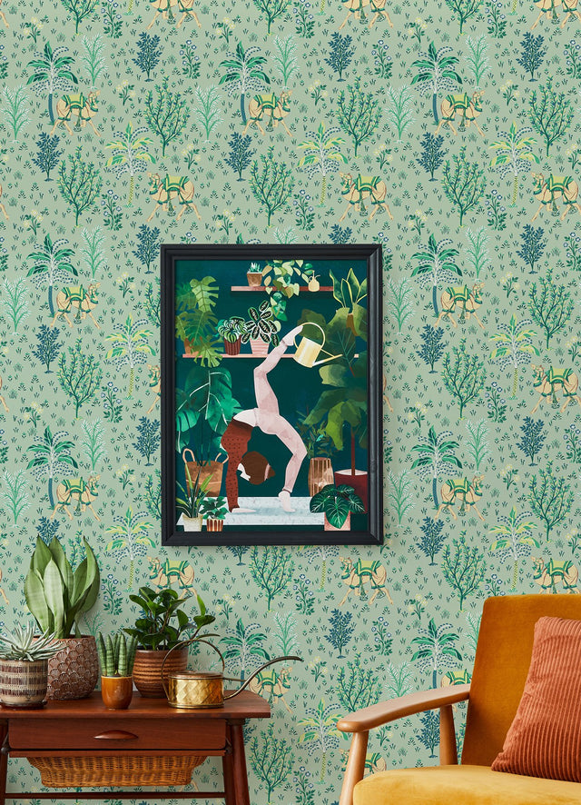 Camel's Courtyard Avocado Peel & Stick Wallpaper with Whimsical Toile Botanical Pattern - Brewster PFS4809