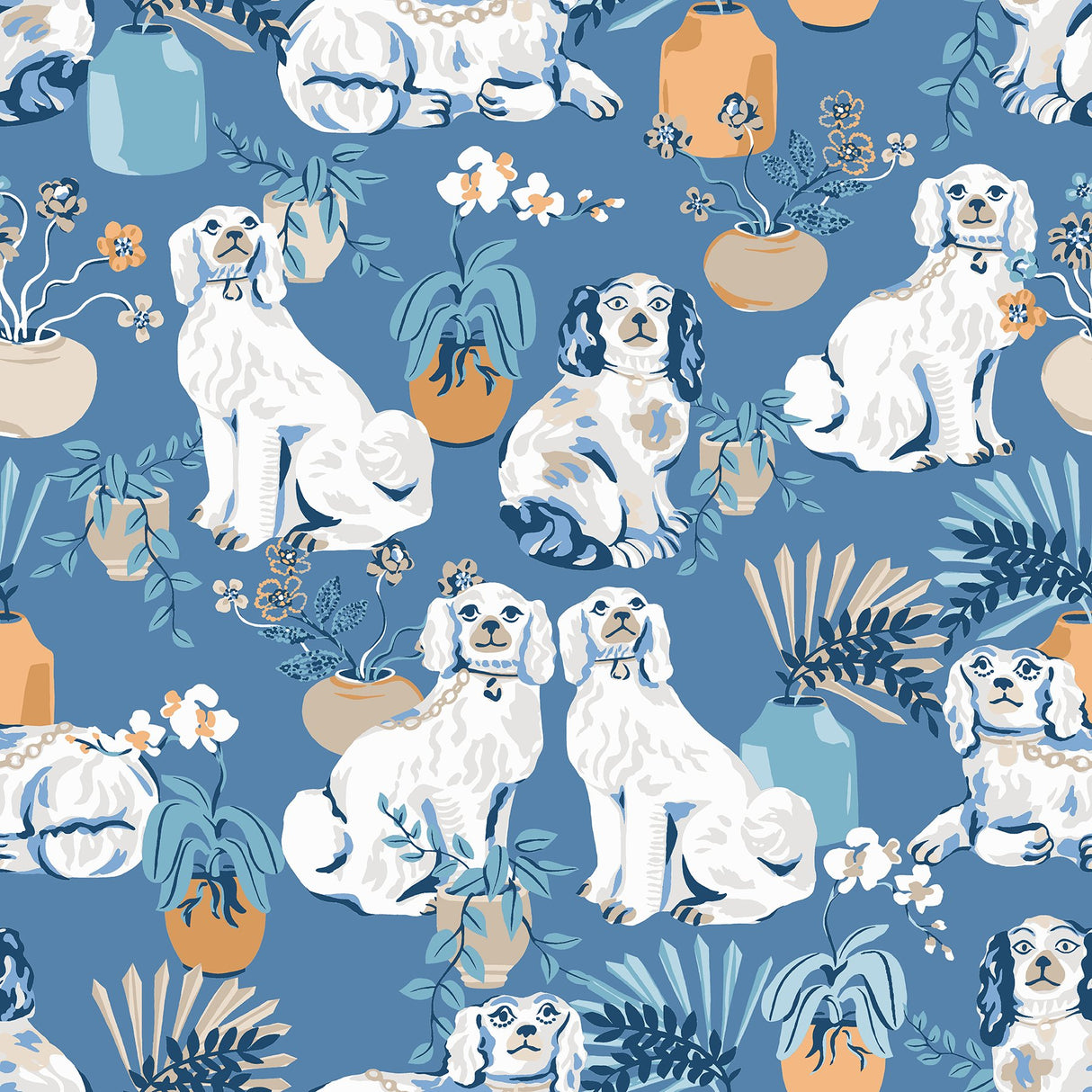 Good Dog Cerulean Peel & Stick Wallpaper with Whimsical Toile Botanical Motif - PFS4810