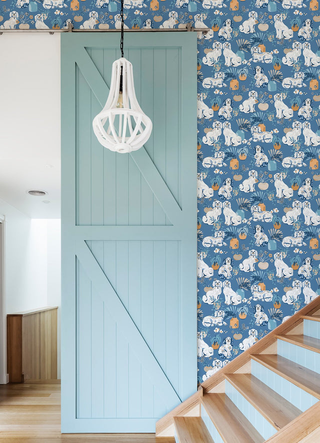 Good Dog Cerulean Peel & Stick Wallpaper with Whimsical Toile Botanical Motif - PFS4810