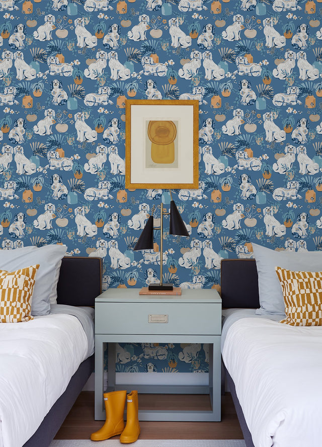 Good Dog Cerulean Peel & Stick Wallpaper with Whimsical Toile Botanical Motif - PFS4810