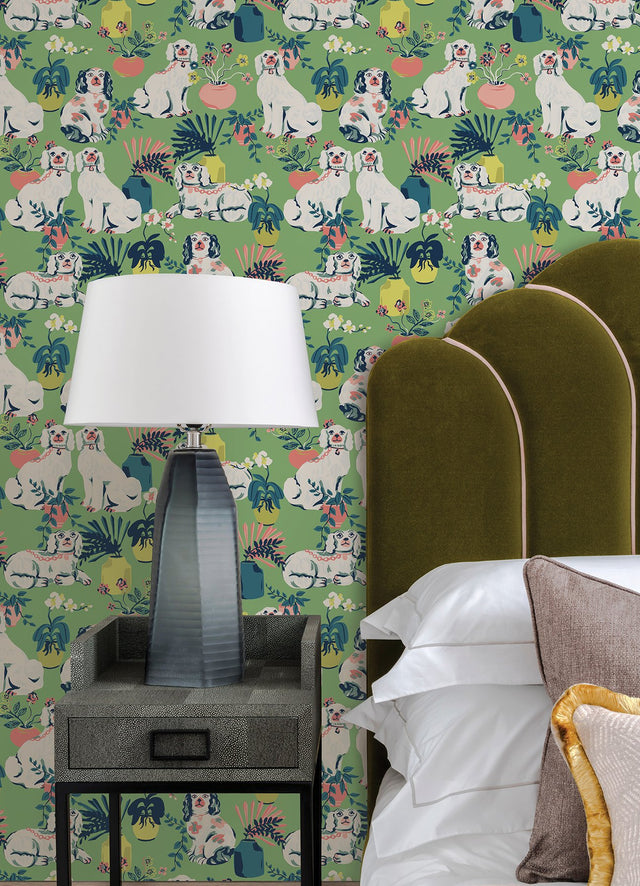 Good Dog Jade Peel & Stick Wallpaper with Whimsical Botanical Toile Pattern - NuWallpaper PFS4811