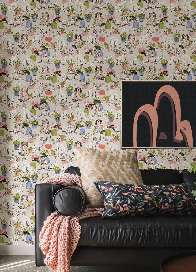 Good Dog Stone Peel & Stick Wallpaper with Whimsical Botanical Toile Pattern - NuWallpaper PFS4812