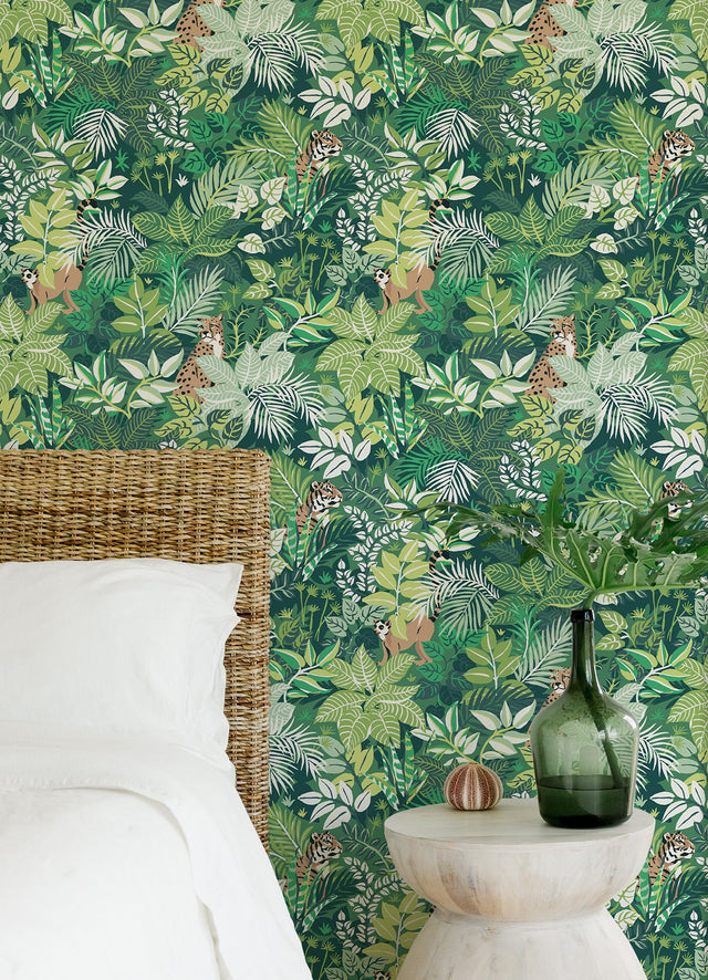 Tropical Oasis Sage Peel & Stick Wallpaper with Botanical Toile Jungle Motif - NuWallpaper PFS4813