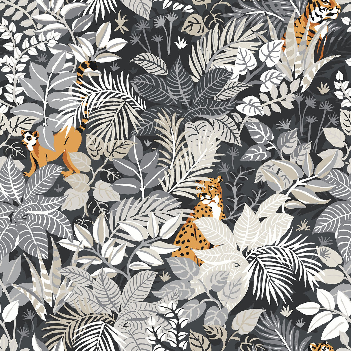 Tropical Oasis Charcoal Peel & Stick Wallpaper with Botanical Toile Jungle Motif - PFS4814