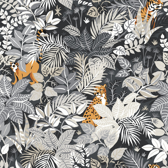 Tropical Oasis Charcoal Peel & Stick Wallpaper with Botanical Toile Jungle Motif - PFS4814