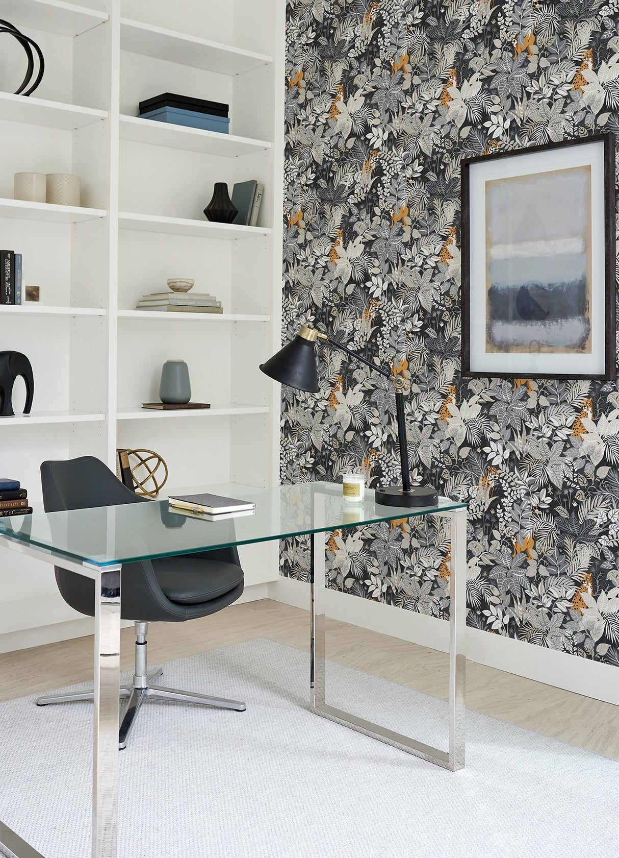 Tropical Oasis Charcoal Peel & Stick Wallpaper with Botanical Toile Jungle Motif - PFS4814