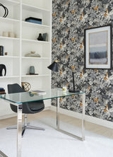 Tropical Oasis Charcoal Peel & Stick Wallpaper with Botanical Toile Jungle Motif - PFS4814